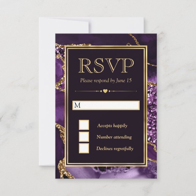 Elegant Purple and Gold Glitter Agate Wedding RSVP Card (Front)