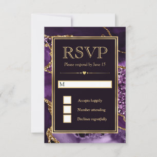 Elegant Purple and Gold Glitter Agate Wedding RSVP Card