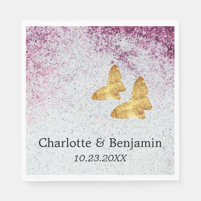 Elegant Purple And Gold Glitter Butterfly Wedding Napkins (Front)