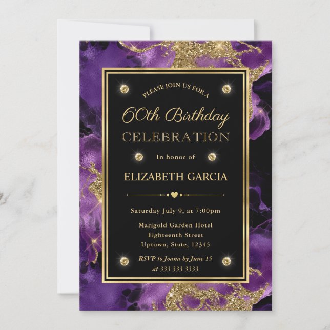 Elegant Purple and Gold Glitter Ink 60th Birthday Invitation (Front)