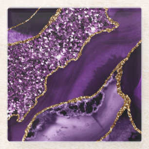 Elegant Purple and Gold Glitter Ocean Agate Glass Coaster