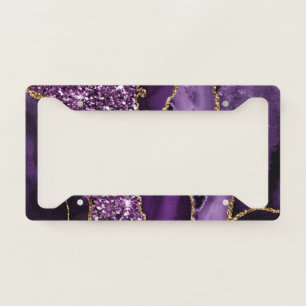 Elegant Purple and Gold Glitter Ocean Agate License Plate Frame