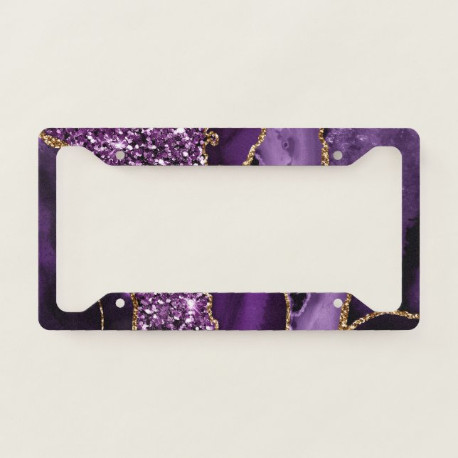 Elegant Purple and Gold Glitter Ocean Agate License Plate Frame (Front)