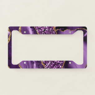 Elegant Purple and Gold Glitter Ocean Agate License Plate Frame