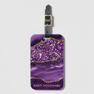 Elegant Purple and Gold Glitter Ocean Agate Luggage Tag