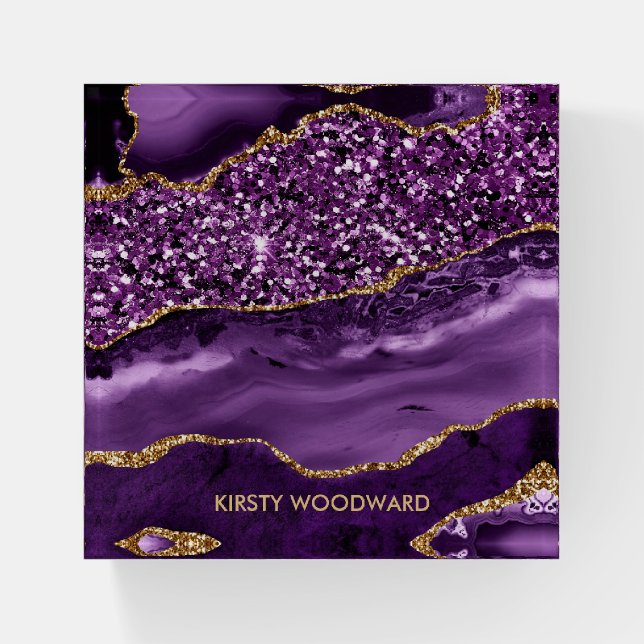 Elegant Purple and Gold Glitter Ocean Agate Paperweight (Front)