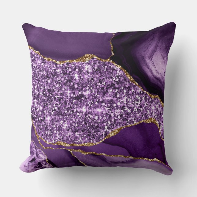 Elegant Purple and Gold Glitter Ocean Agate Throw Pillow (Front)