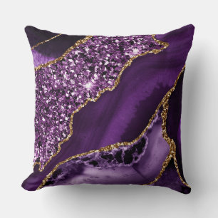 Elegant Purple and Gold Glitter Ocean Agate Throw Pillow