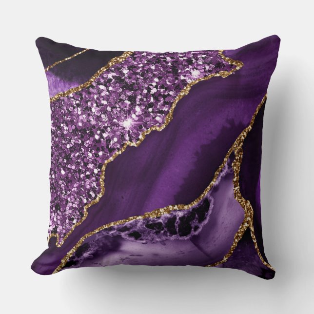 Elegant Purple and Gold Glitter Ocean Agate Throw Pillow (Front)