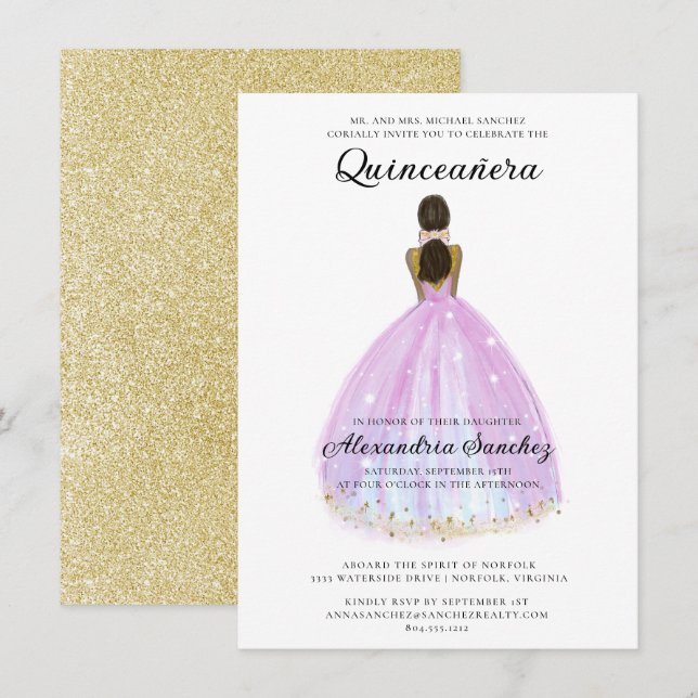 Elegant Purple and Gold Glitter Quinceanera   Invitation (Front/Back)