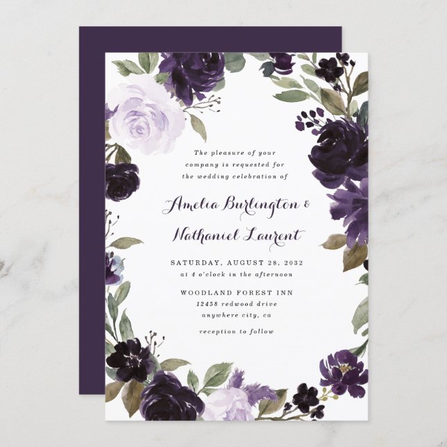Elegant Purple and Gold Green Leaf Floral Wedding Invitation (Front/Back)