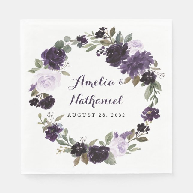 Elegant Purple and Gold Green Leaf Floral Wedding Napkins (Front)