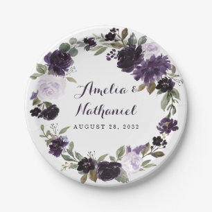 Elegant Purple and Gold Green Leaf Floral Wedding Paper Plates