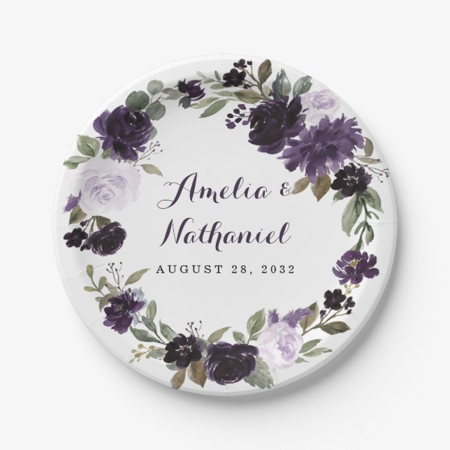 Elegant Purple and Gold Green Leaf Floral Wedding Paper Plates (Front)