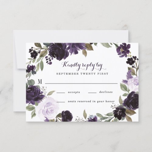 Elegant Purple and Gold Green Leaf Floral Wedding RSVP Card