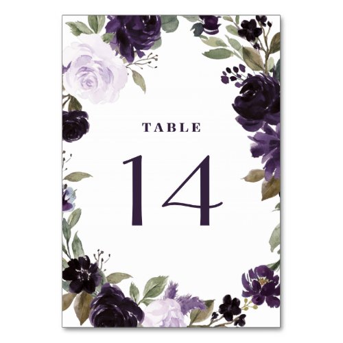 Elegant Purple and Gold Green Leaf Floral Wedding Table Number