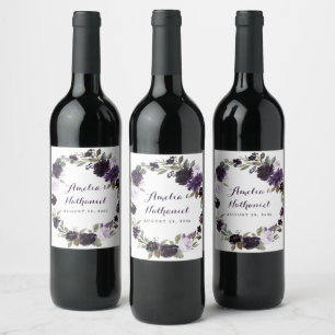 Elegant Purple and Gold Green Leaf Floral Wedding Wine Label