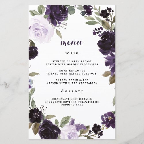 Elegant Purple and Gold Green Wedding Menu Cards