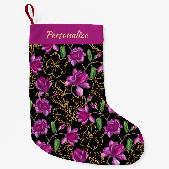 Elegant Purple and Gold Magnolia Flowers Christmas Small Christmas Stocking (Front)