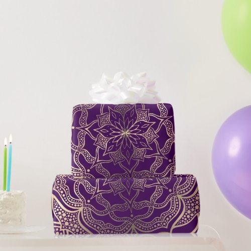   Elegant Purple And Gold Mandala Dark Boho Floral Wrapping Paper