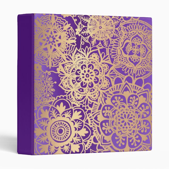 Elegant Purple and Gold Mandala Pattern 3 Ring Binder (Front/Spine)