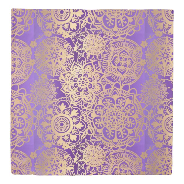 Elegant Purple and Gold Mandala Pattern Duvet Cover (Front)