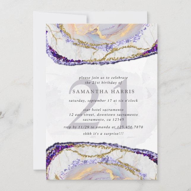 Elegant Purple And Gold Marble 21st Birthday Party Invitation (Front)