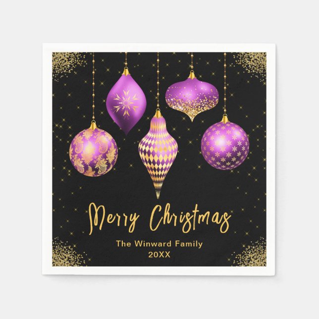 Elegant Purple and Gold Ornament Christmas Napkins (Front)