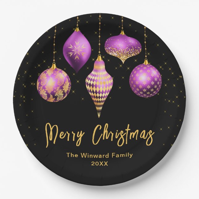 Elegant Purple and Gold Ornament Christmas Paper Plates (Front)
