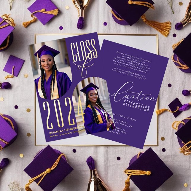 Elegant Purple and Gold Photo Graduation Foil Invitation (Purple and Gold Foil Graduation Invitations with arched photo spaces.)