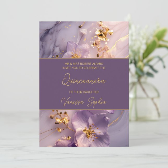 Elegant Purple and Gold Quinceañera Invitation (Standing Front)