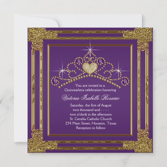 Elegant Purple and Gold Quinceanera Invitation (Front)