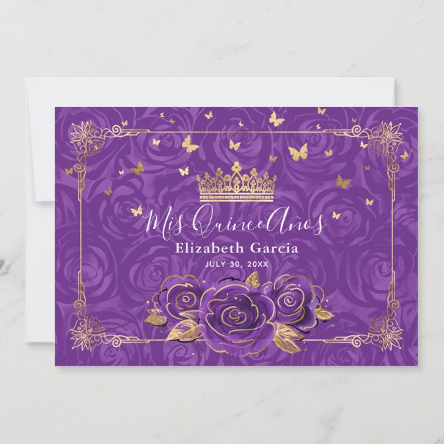 Elegant Purple and Gold Quinceañera Photo Birthday Thank You Card (Back)