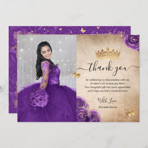 Elegant Purple and Gold Quinceaera Photo Birthday Thank You Card