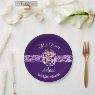 Elegant Purple and Gold Quinceañera Spanish Paper Plates