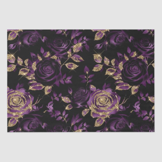 Elegant Purple and Gold Rose Floral Pattern Tissue Paper (Front)