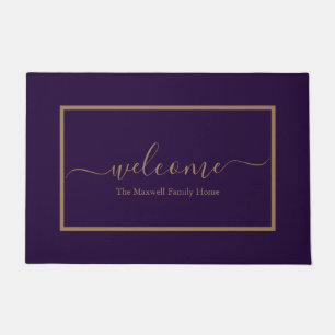 Elegant purple and gold script family name welcome doormat