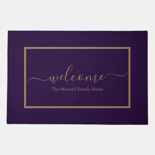 Elegant purple and gold script family name welcome doormat