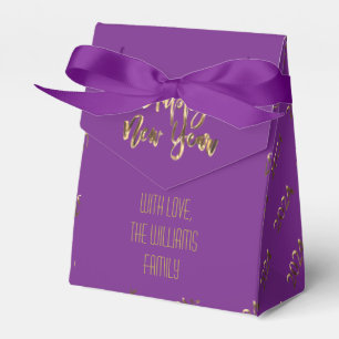 Elegant Purple and Gold Script Happy New Year 2024 Favor Boxes