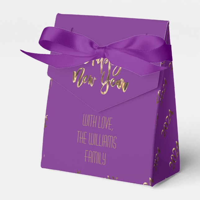 Elegant Purple and Gold Script Happy New Year 2024 Favor Boxes (Front Side)
