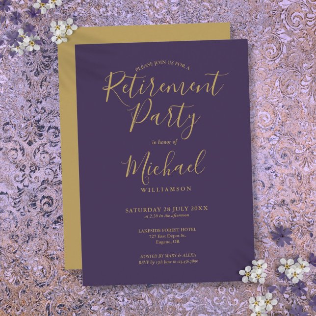 Elegant Purple And Gold Script Retirement Party Invitation (Elegant Purple And Gold Script Retirement Party Invitation)