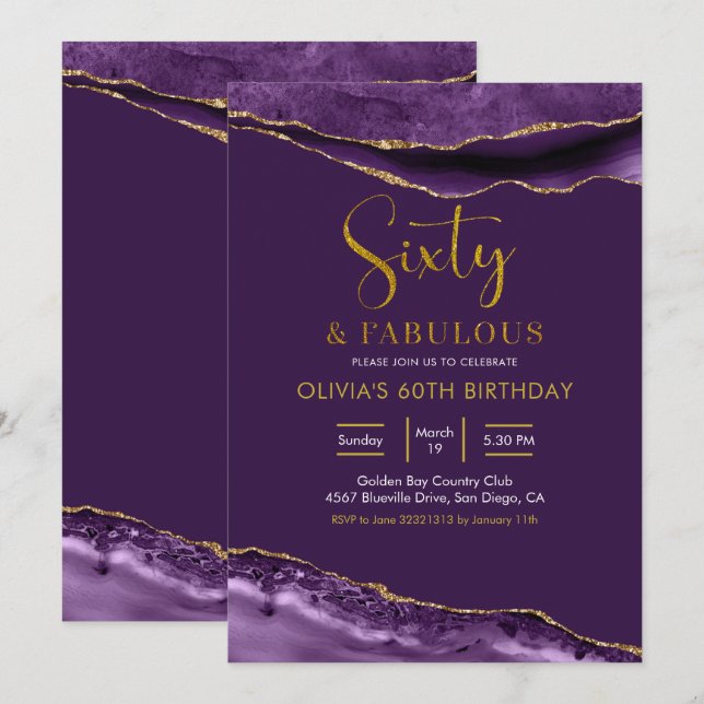 Elegant Purple and Gold Sixty and Fabulous Invitation (Front/Back)