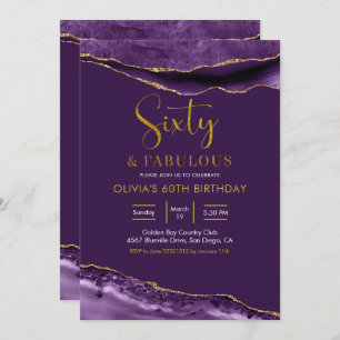 Elegant Purple and Gold Sixty and Fabulous Invitation