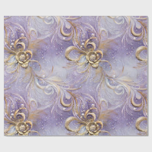 Elegant Purple and Gold Swirled Feathered Beaded Wrapping Paper