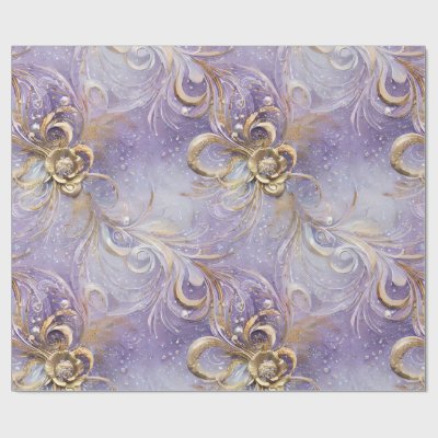 Elegant Purple and Gold Swirled Feathered Beaded Wrapping Paper