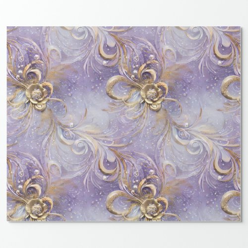 Elegant Purple and Gold Swirled Feathered Beaded Wrapping Paper