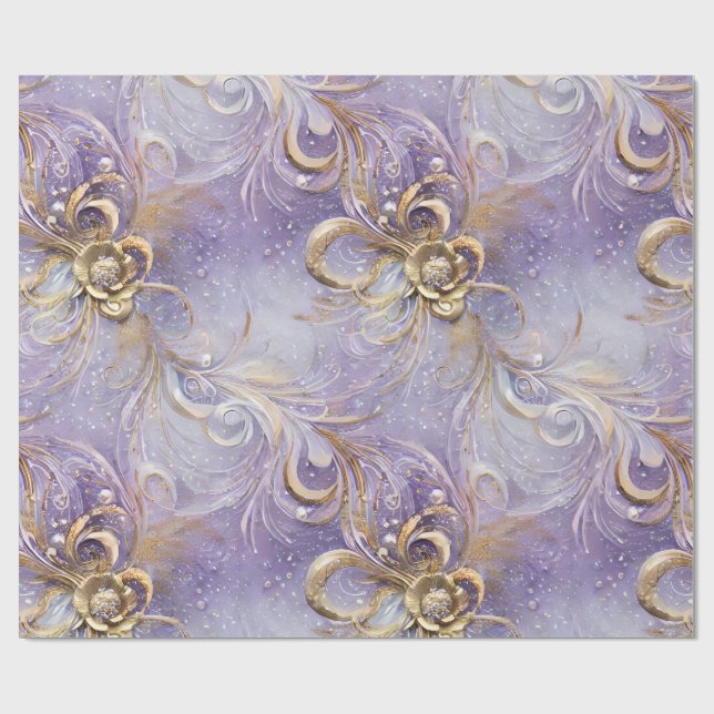 Elegant Purple and Gold Swirled Feathered Beaded Wrapping Paper (Flat)