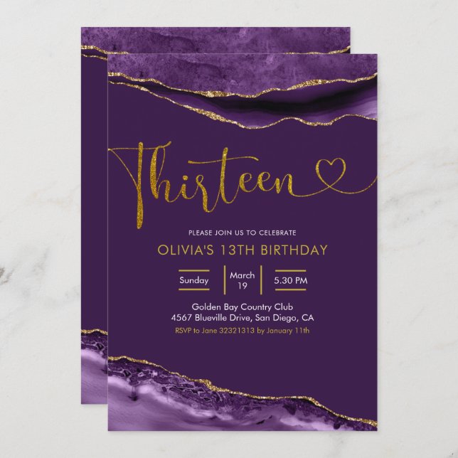 Elegant Purple and Gold Thirteen Invitation (Front/Back)