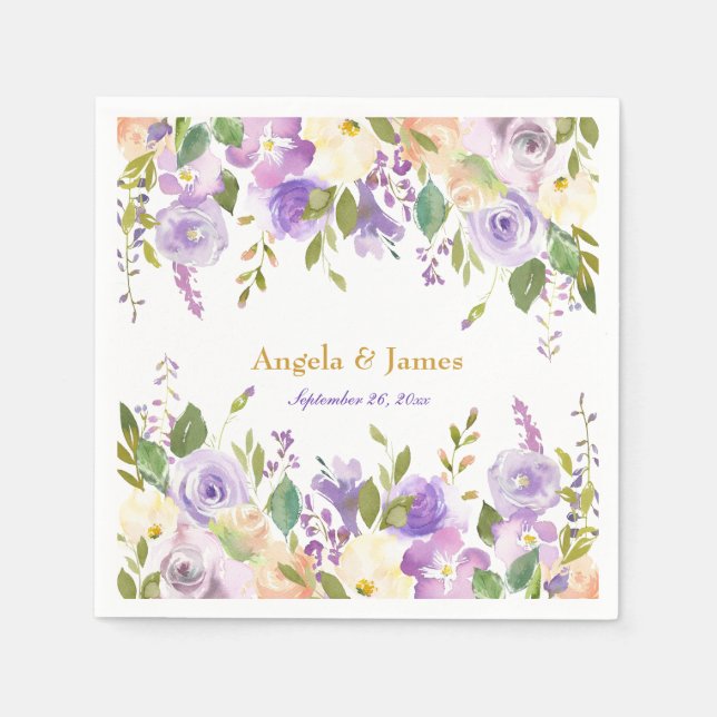 Elegant Purple and Gold Watercolor Floral Wedding Napkins (Front)