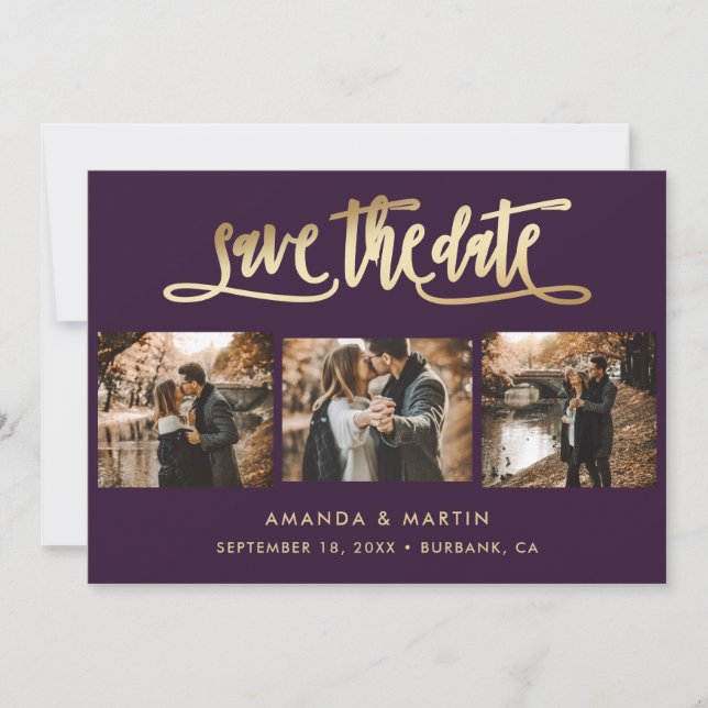 Elegant Purple and Gold Wedding 3 Photo Save The Date (Front)